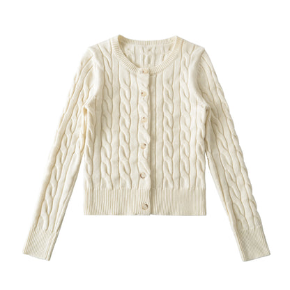 Round neck twisted flower woven long sleeved sweater