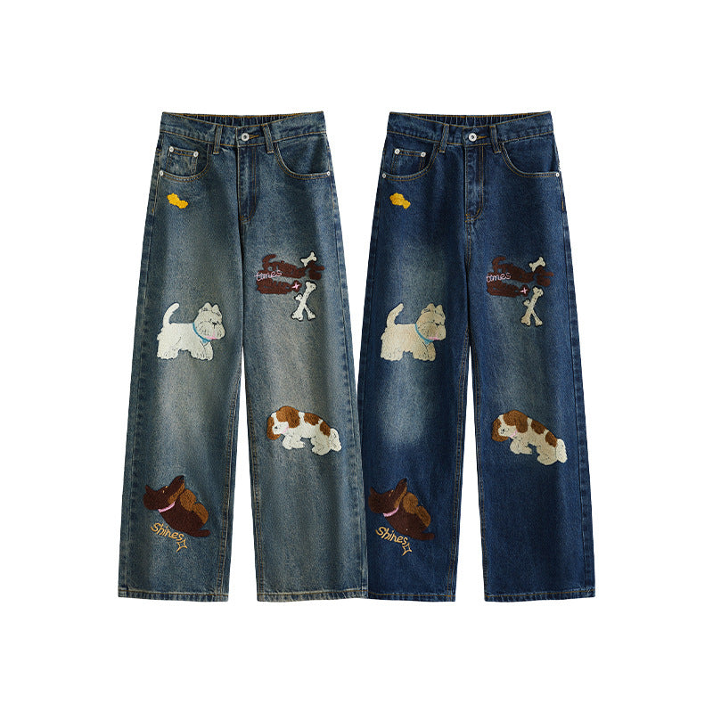 Puppy patchwork embroidered washed denim jeans