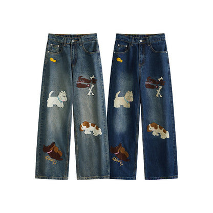 Puppy patchwork embroidered washed denim jeans
