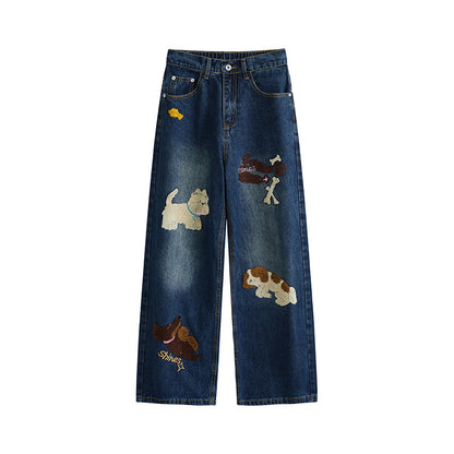 Puppy patchwork embroidered washed denim jeans