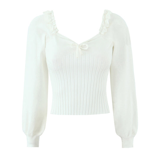 Ruffle collar tied sweater