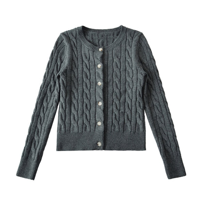 Round neck twisted flower woven long sleeved sweater