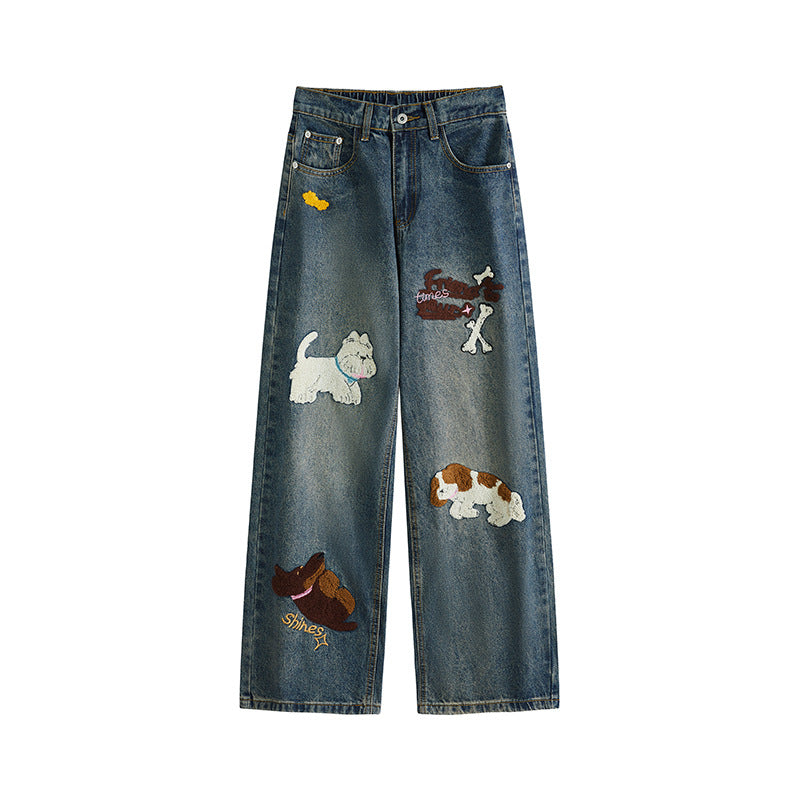 Puppy patchwork embroidered washed denim jeans