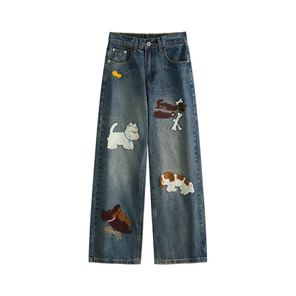 Puppy patchwork embroidered washed denim jeans