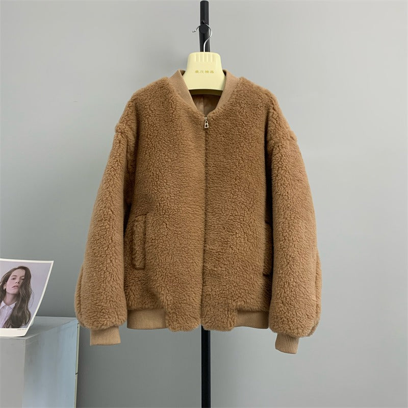 Jacket composite fur one-piece coat for women's short lamb fur