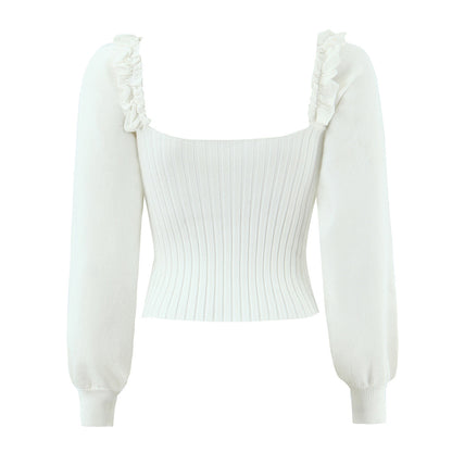 Ruffle collar tied sweater