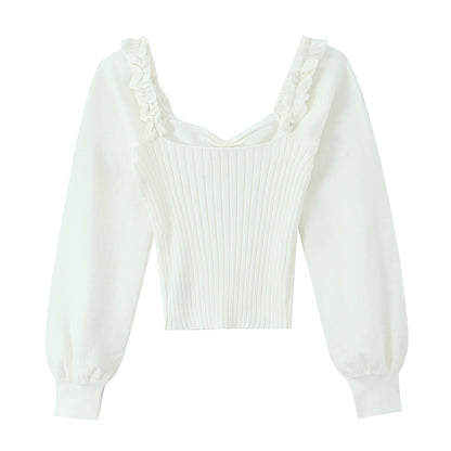 Ruffle collar tied sweater