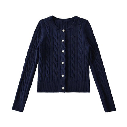 Round neck twisted flower woven long sleeved sweater