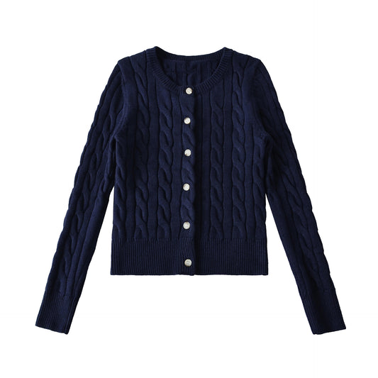 Round neck twisted flower woven long sleeved sweater