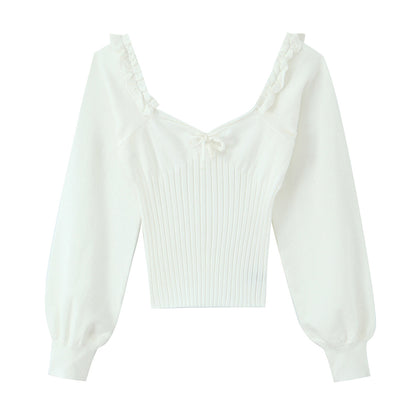 Ruffle collar tied sweater
